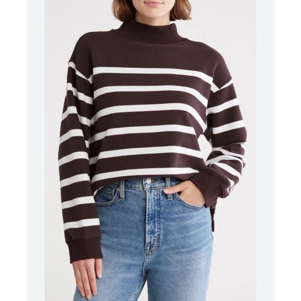 Madewell Womens XXL 2XL Sweater Mock Neck Brown Stripes Boxy Crop Cotton